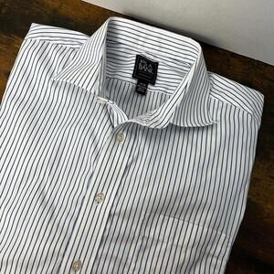 Jos A Bank Travelers Collection Mens Shirt Button Up 17.5/34 Blue Stripe Preppy